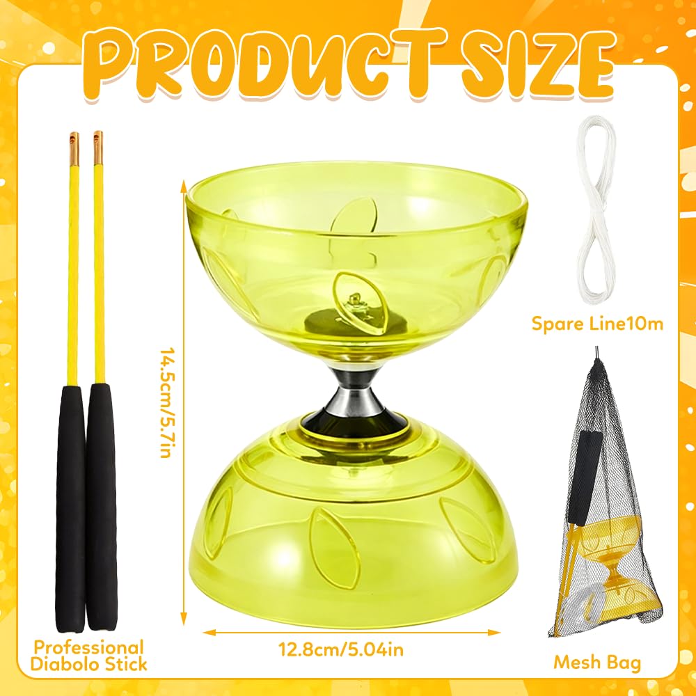 Diabolo LED roulement à billes 4,5 mm kit jonglage baguettes outil cirque roue libre jaune