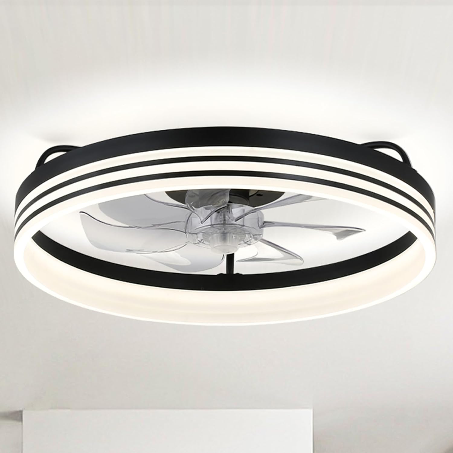 modern ceiling fan and remote control, 20” flush mount ceiling fans lights, low profile ceiling fan for bedroom living room, stepless dimmable 3 colors 60w (black) 1012-black