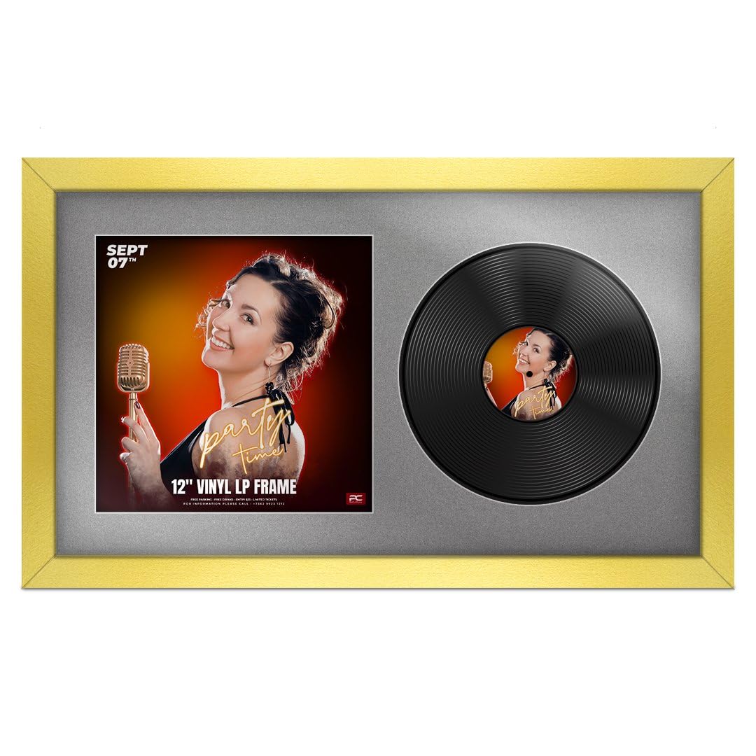Procut Global 30x17" Gold Vinyl Record Frame for 12 Inch LP Cover & Disc - Premium Display Modern Photo Frame - Engineered Wood with Shatterproof Perspex - Music Lover Gift - Silver Mount