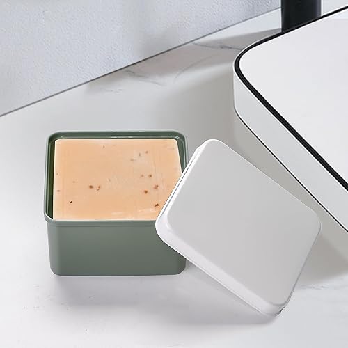 Miniatura 5 de Juego de 2 fundas cuadradas de viaje para jabón, soporte de jabón de plástico verde con tapa, caja de jabón portátil con almohadilla ahorradora de
