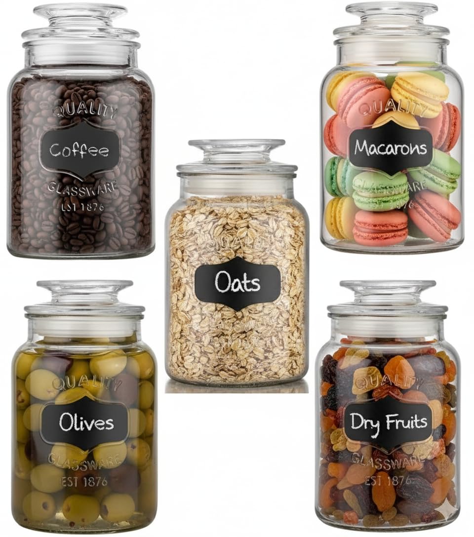 Sponsored Ad - Seedware - 1500 Ml Glass Canister Set For Kitchen Airtight Lid And Chalkboard Labels Cookie And Candy Jars, Storage Containers Pack Of (5), Clear