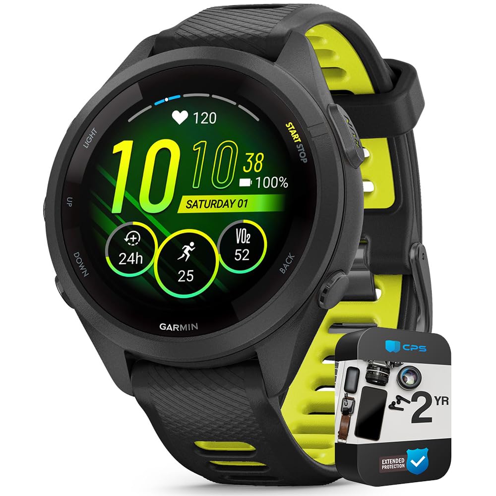 Garmin 010-02810-03 Forerunner 265S GPS Smartwatch Black/Amp Yellow Bundle with 2 YR CPS Enhanced Protection Pack