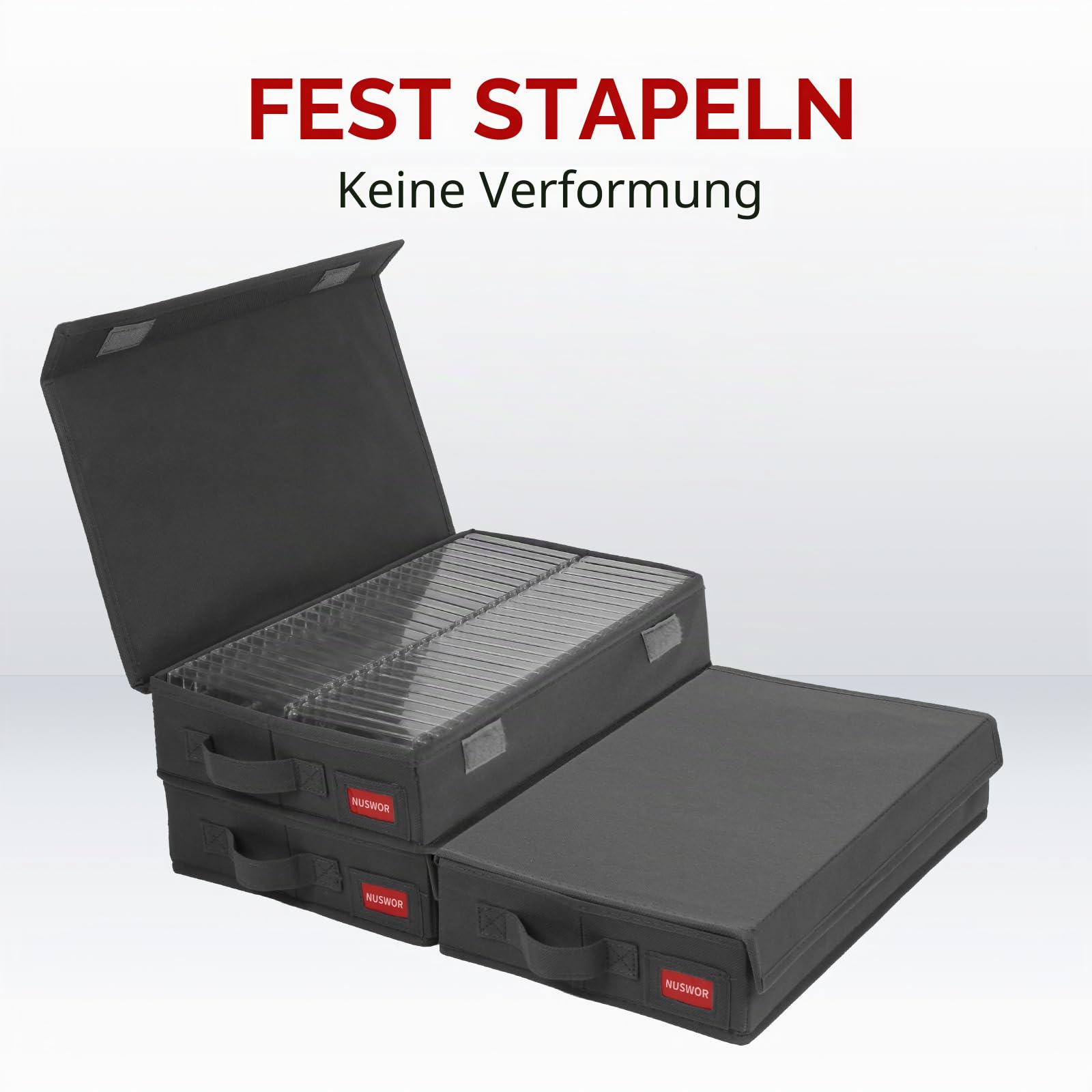 NUSWOR Stapelbare Kassetten-Aufbewahrungsbox – Staubdichte Kassettenregale mit Deckel – Audio-Kassettenhalter 3 Stück – Hält 144 Kassettenhüllen – 16,34 x 9,25 x 3,4 Zoll – Grau