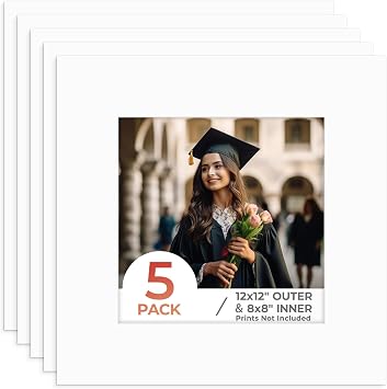 Frametory, 5 Pack 12x12 White Photo Mat, Square Matboard for 8x8 Pictures