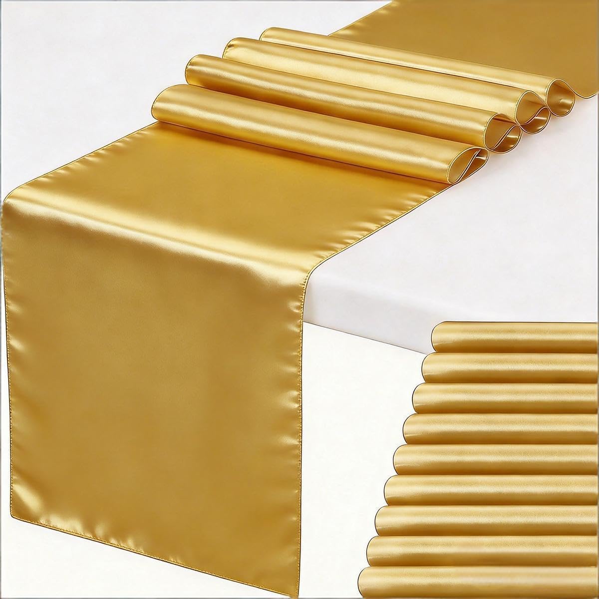 Photo 1 of 10 Pack Gold Satin Table Runners, 12 x 108 Inch Long Gold Table Runner for Christmas Party Wedding Birthday Banquet Decor, Table Runners for Round Tables