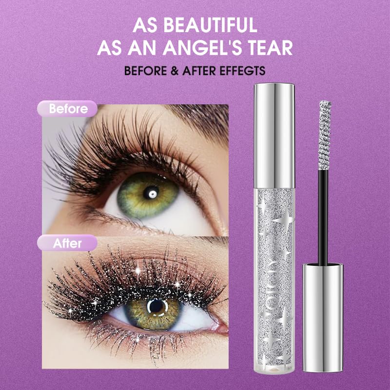 Samkeen Glitter Mascara, Color Mascara Eyeshadow, Waterproof, Transparent, Glitter Diamond Silver/Gold/Purple Lashes - Image 2