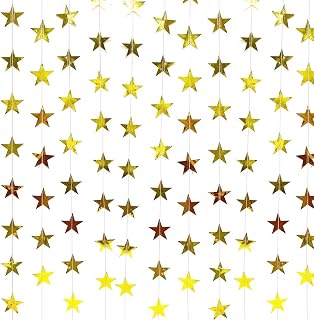 Glitter Star Garland Banner Decoration, 130 Feet Bright Gold Star Paper Hanging Bunting Banner Backdrop for Engagement Wedding Baby Shower Birthday Christmas Decor (Gold)