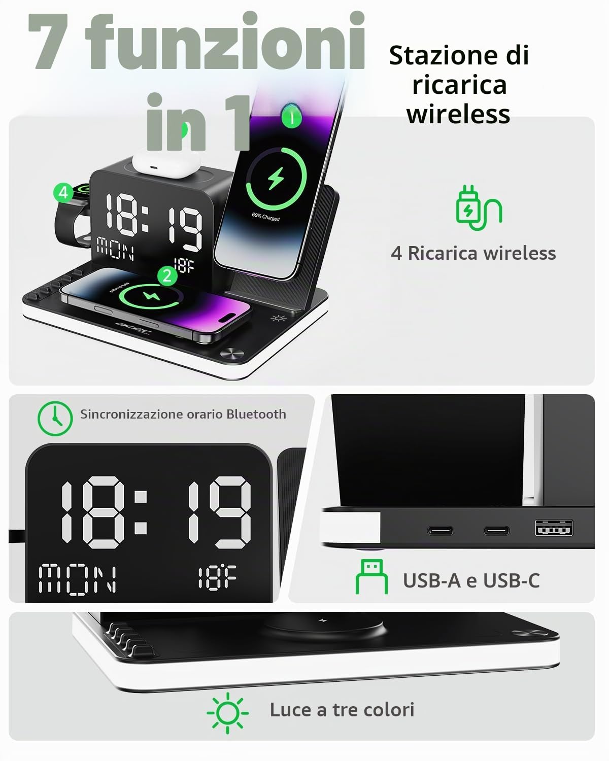 acer Stazione di ricarica wireless 7 in 1 con luce notturna a luminosità regolabile, compatibile con iPhone 16/15/14/13/12 tutte le serie, telefoni Android, AirPods e iWatch, caricabatterie rapido con