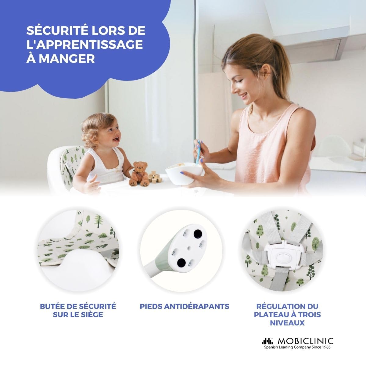Mobiclinic® kids, Chaise haute évolutive, 2 en 1, Hauteur réglable, Double plateau, 6-36 mois, Forest, Harnais de sécurité 5 points, Roues amovibles, Jusqu'à 35 kg, Panier rangement, 360º