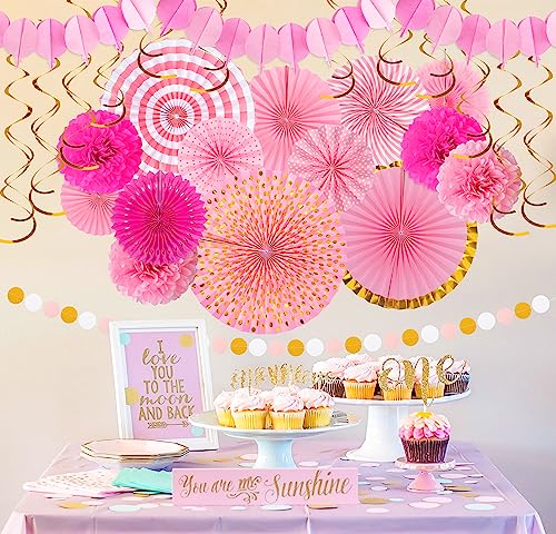 Image of Moon Boat 35PCS Party Decorations Paper Fan Hanging Set - Birthday,Bridal /Baby Shower,Bachelorette,Wedding Decor (Pink)