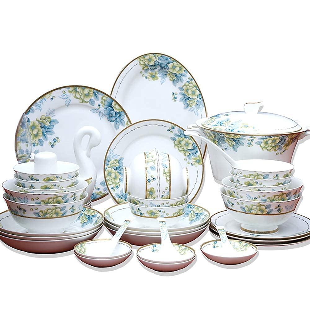 Set di stoviglie in Porcellana da 50 Pezzi, Porcellana Rotonda Resistente ai Graffi Resistente ai Graffi Resistente all'Usura Piatto con Finiture in Oro Ciotola Piatto Cucchiaio per zuppa