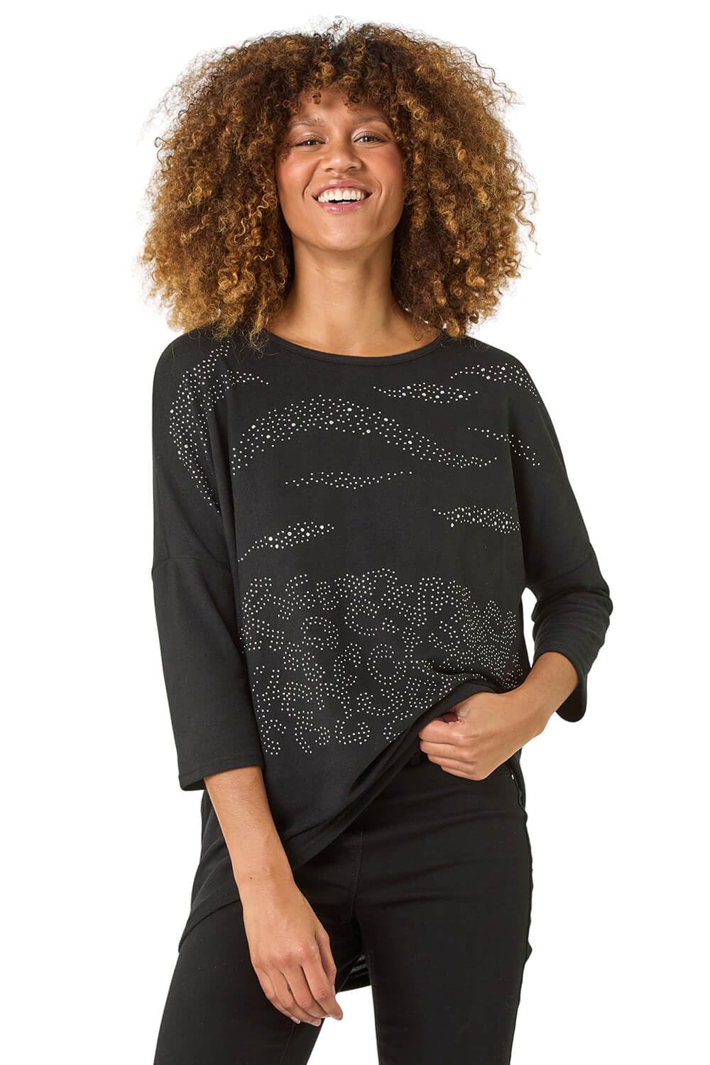 Roman Originals Stretchy Top for Women UK - Ladies Jersey Blouse Casual Tunic Work Smart 3/4 Length Sleeve Round Neck Boat Neckline Flattering Knit Knitwear Jumper - Silver Black - Size 10