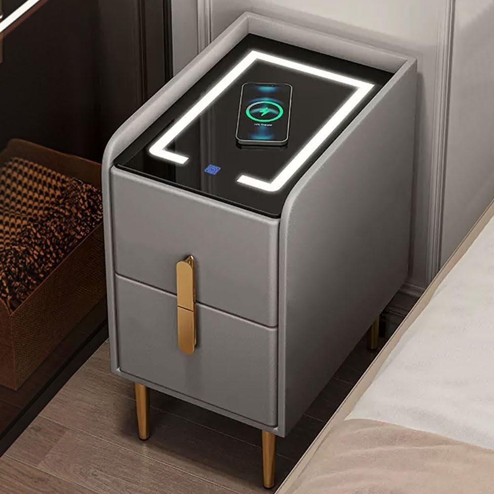 ASerZenith End Side Table With Led Lights, Smart Nightstand With Charging Station, Bedside Tables,D-30X40X50Cm