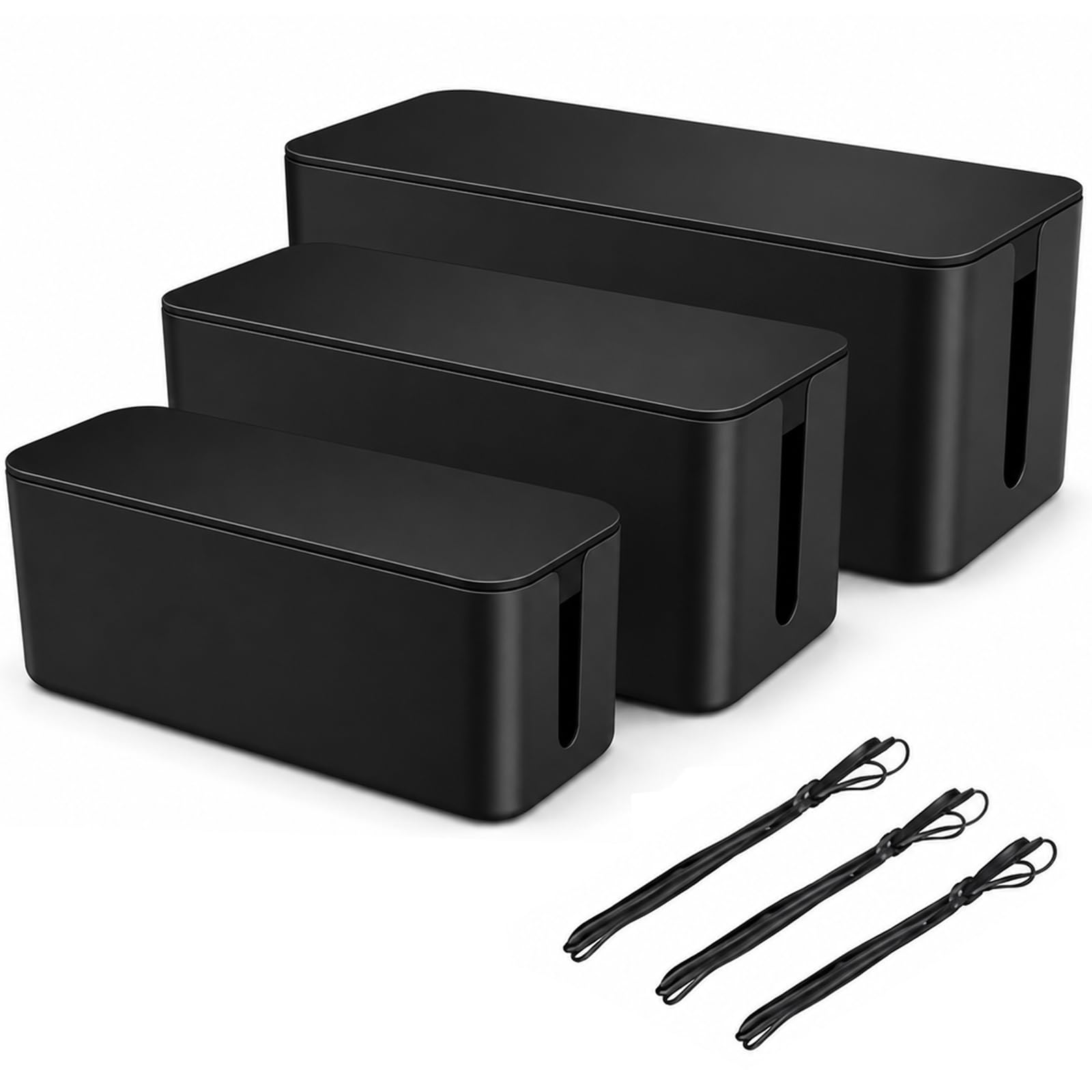 Photo 1 of [Set of 3] 3 Cable Management Boxes + 3 Wire Ties, Large Cord Box Organizers to Hold and Hide Power Strip Charger Adapter Power Cord Charging Station USB HUB (Black)