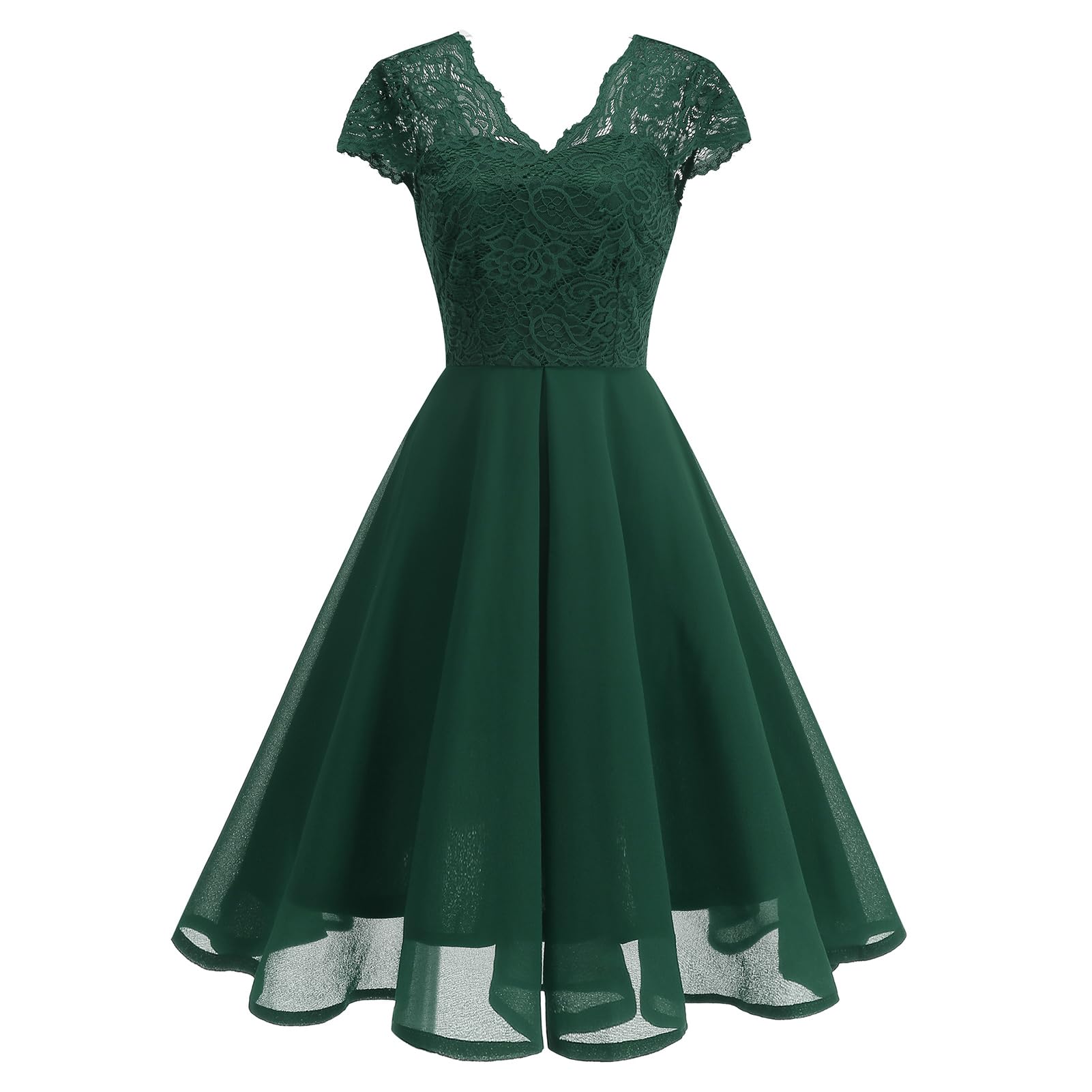 OMEWEE 1950er Vintage Retro Cocktailkleid Damen Elegant Knielang Rockabilly Kleider V-Ausschnitt Chiffon Kurzarm Spitzenkleid A-Line Swing Hochzeit festliches Kleid Kleid Abendkleid