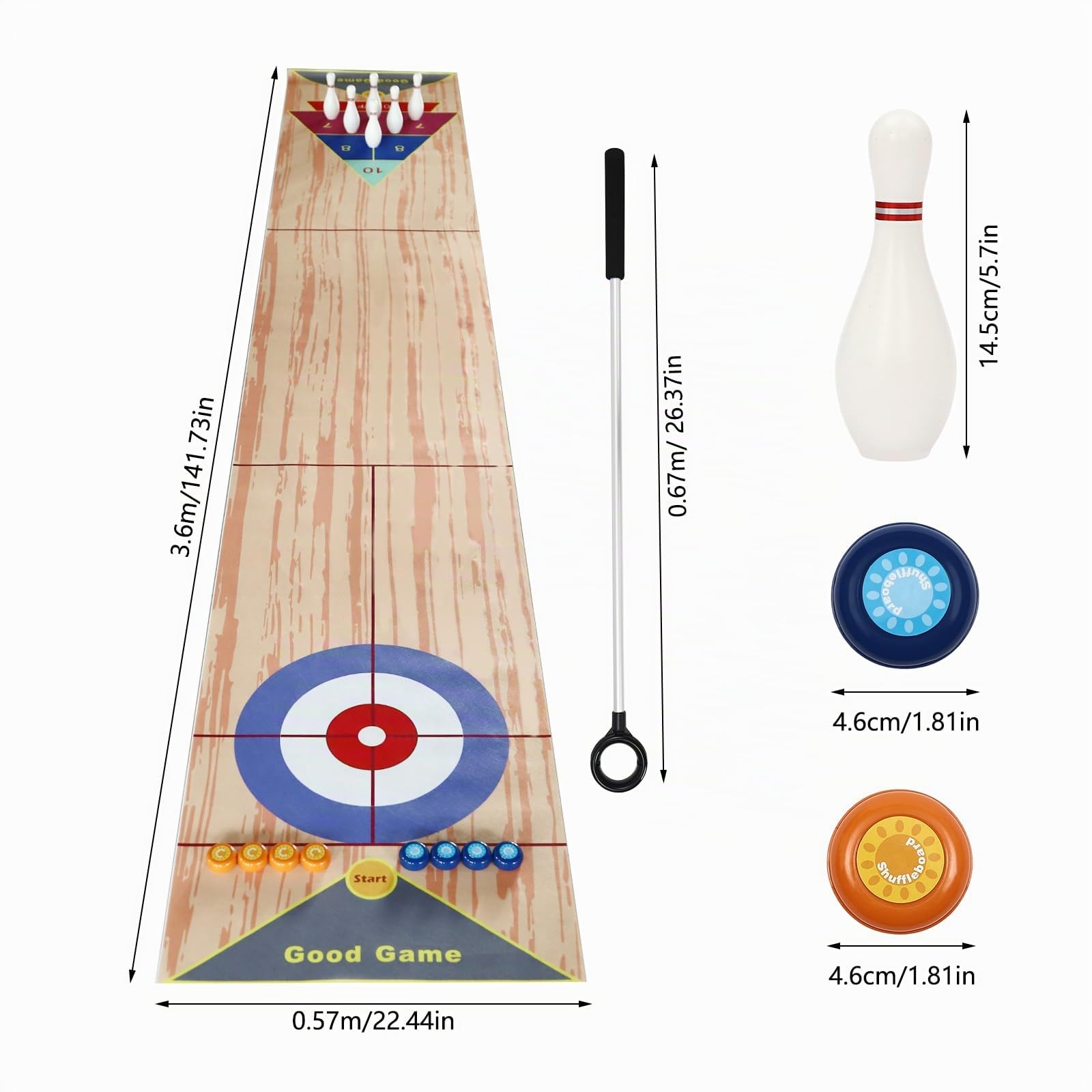 Kit de jeu de curling de table portable 3 en 1, avec bowling et shuffleboard en tissu non tissé résistant – Kit complet comprenant 2 putters de curling, 8 pions, 6 cônes de bowling et tapis de chemin