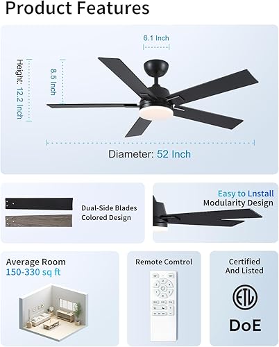 Miniatura 7 de Ventiladores de techo de 42 pulgadas con luces y control remoto, ventilador de techo negro con 5 aspas, motor DC reversible de 6 velocidades, LED