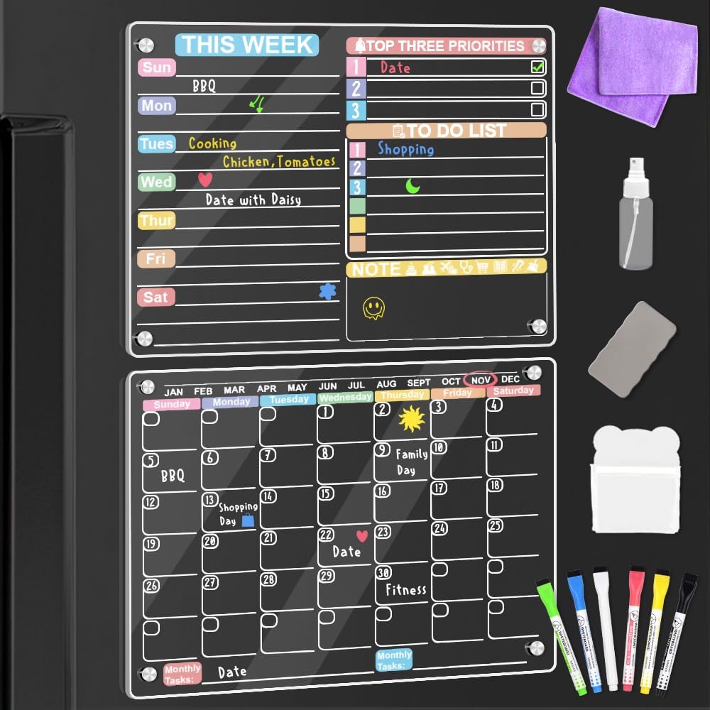 KWYADLUO Acrylic Magnetic Calendar for Fridge, Colorful and Clear Acrylic Magnetic Dry Erase Board for Fridge, Monthly and Weekly Calendar - 16"x12" Size - Reusable 2 Set