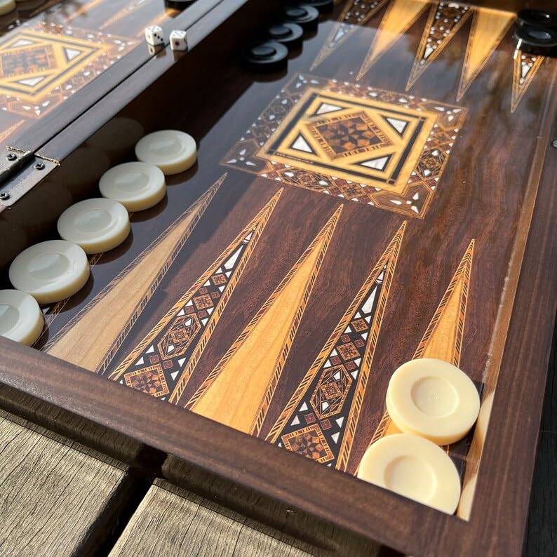 Backgammon grande antiguo de 19 pulgadas para adultos, juego de mesa de madera hecho a mano miniatura 6