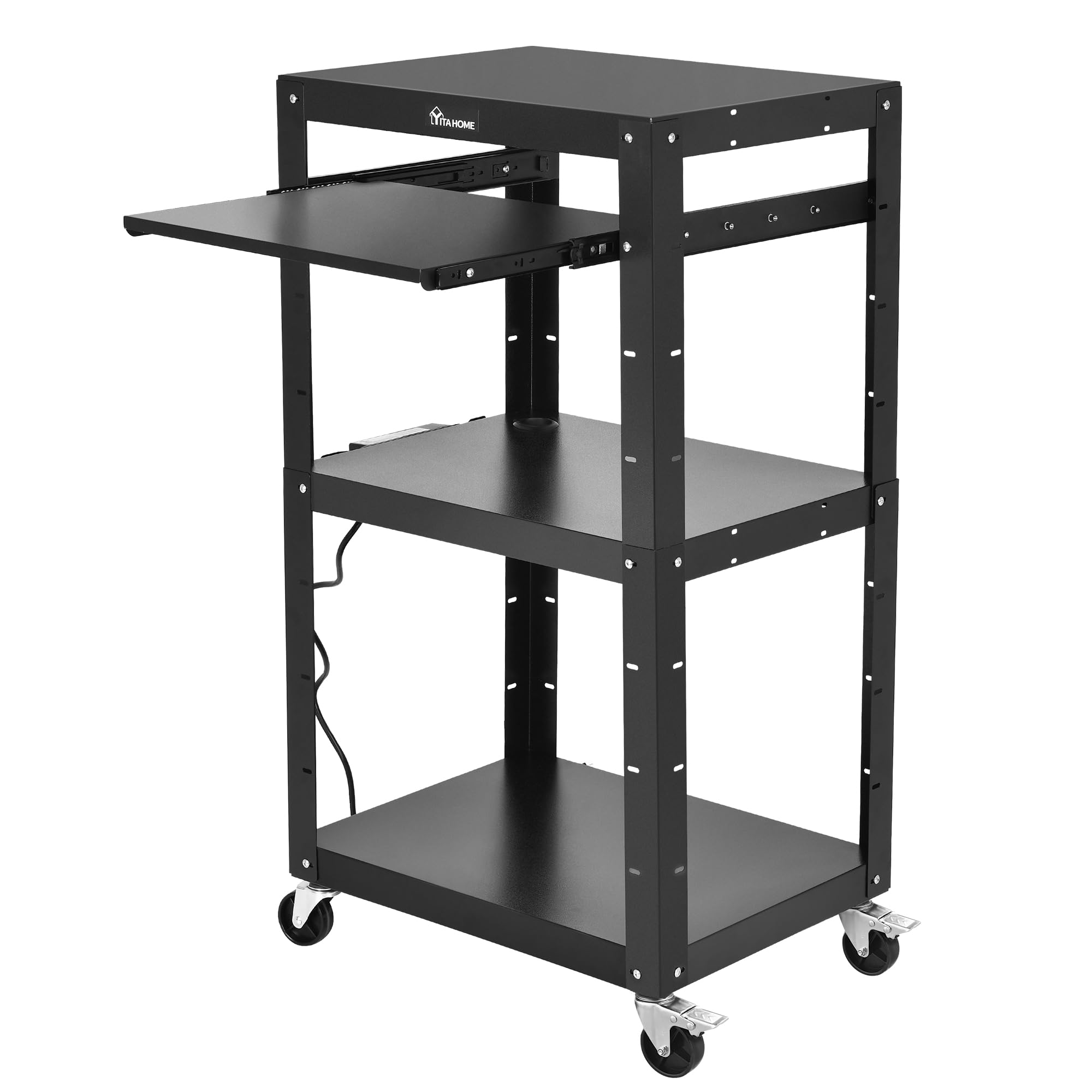 YITAHOME Large AV Cart with 16.4ft Extra-Long Cord, Metal Presentation Cart with Keyboard Tray, Rolling Media Carts with Wheels and Power, 2 Locking Brakes, Easy to Assemble, Black