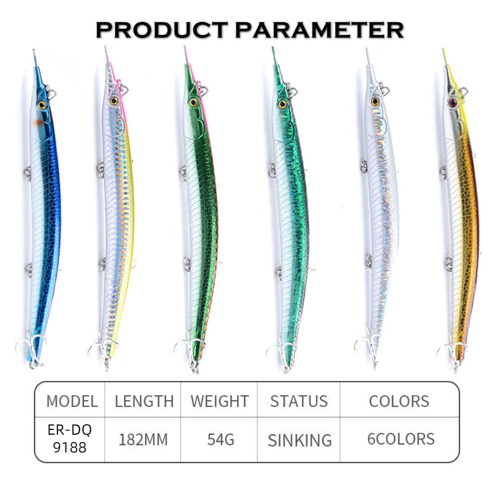 Atlantic Needlefish Jerkbait coulant avec hameçons triples pour la pêche en mer (18 cm, 64 g, 6 options de couleur)