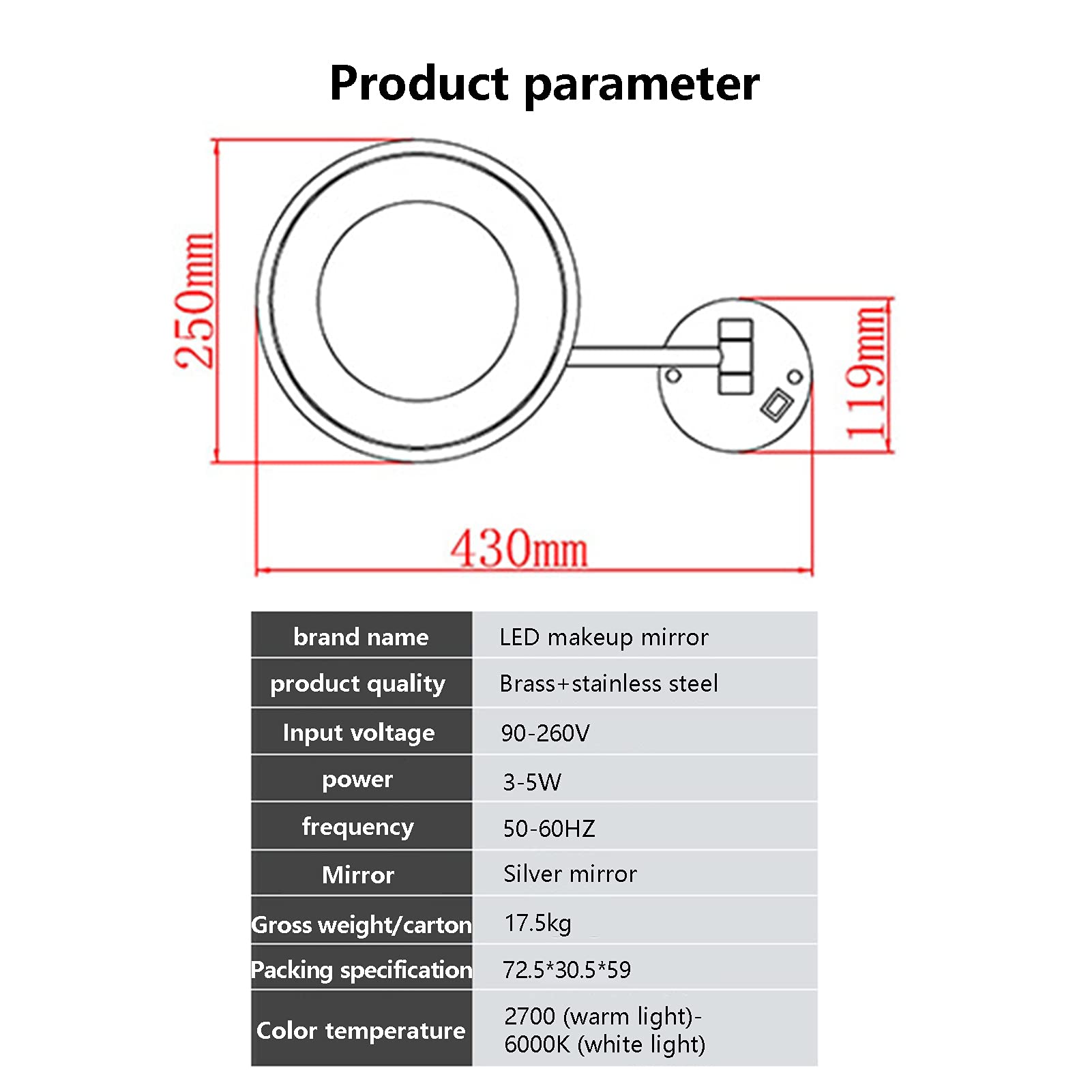 10 Pulgadas Espejos De Aumento De Pared,LED Solo Lado 3X Espejo De Maquillaje, Adecuado para Dormitorio, Comercial, Baño,Negro,10