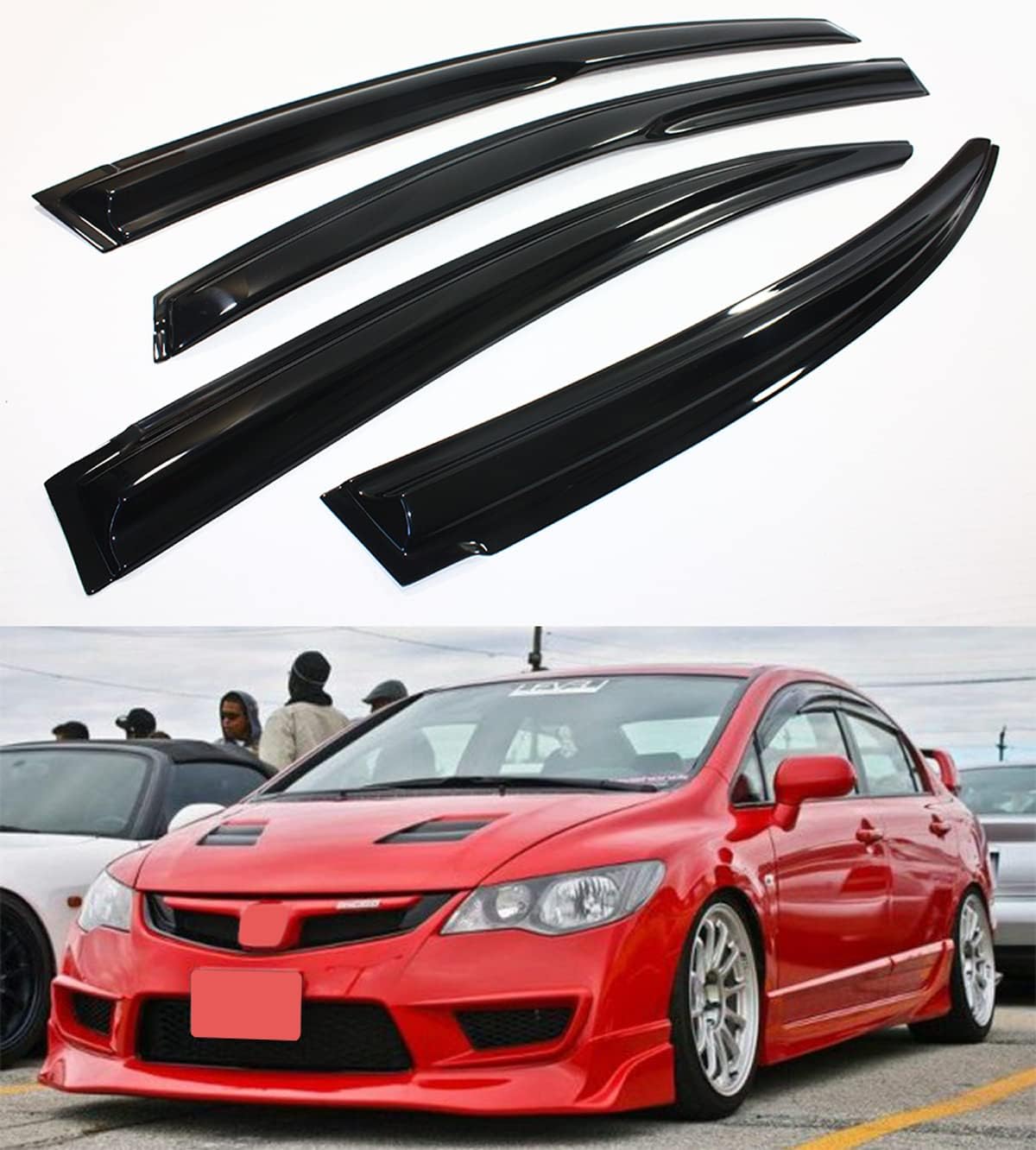 Cuztom Tuning Smoke 3D Wavy Window Visors for 2006-2011 Honda Civic Sedan - Rain Guards with Easy Tape Install