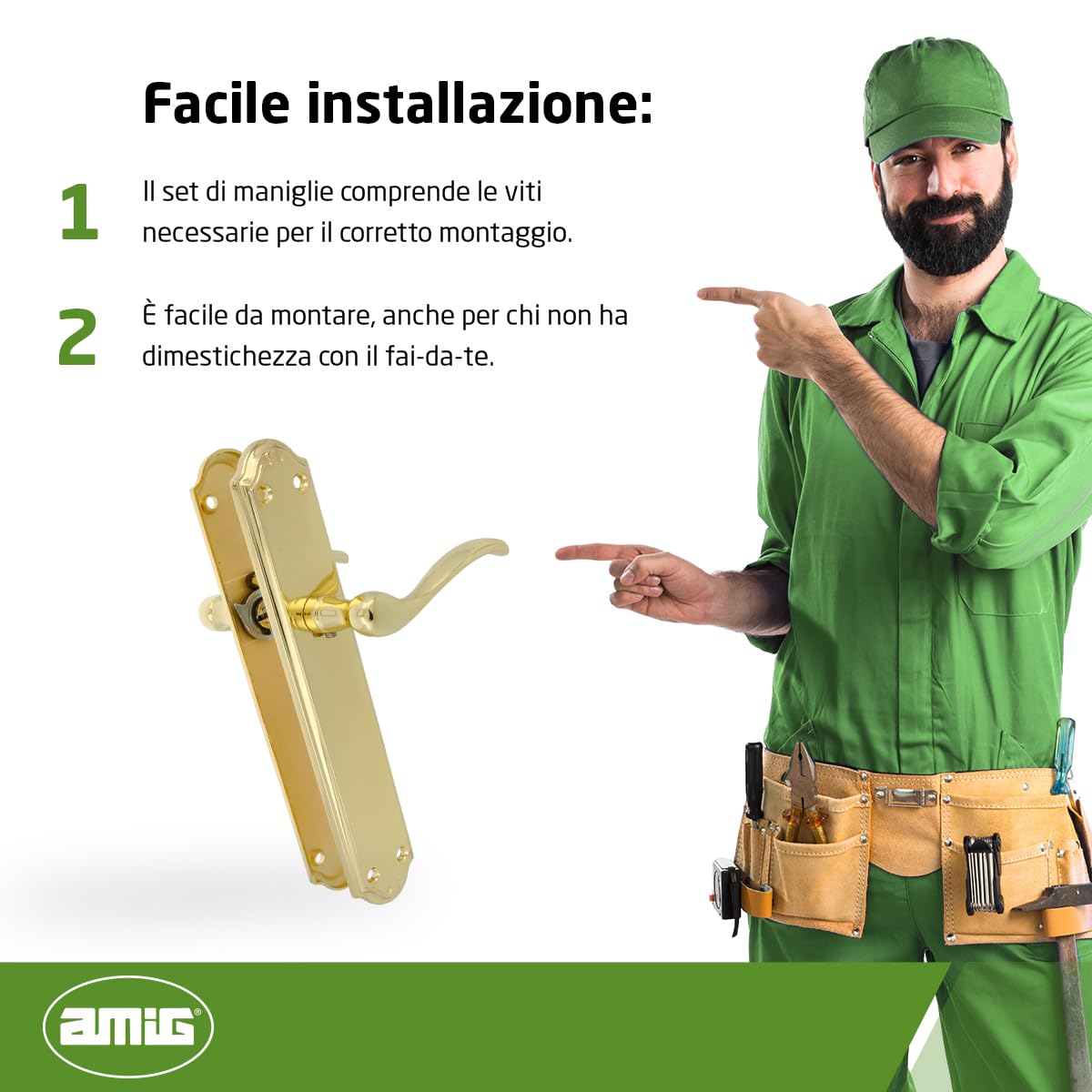 Amig - Set maniglia con placca - 248 x 44 mm - In zama - Finitura oro - Include viti passanti antifurto e accessori di fissaggio - Per porte interne