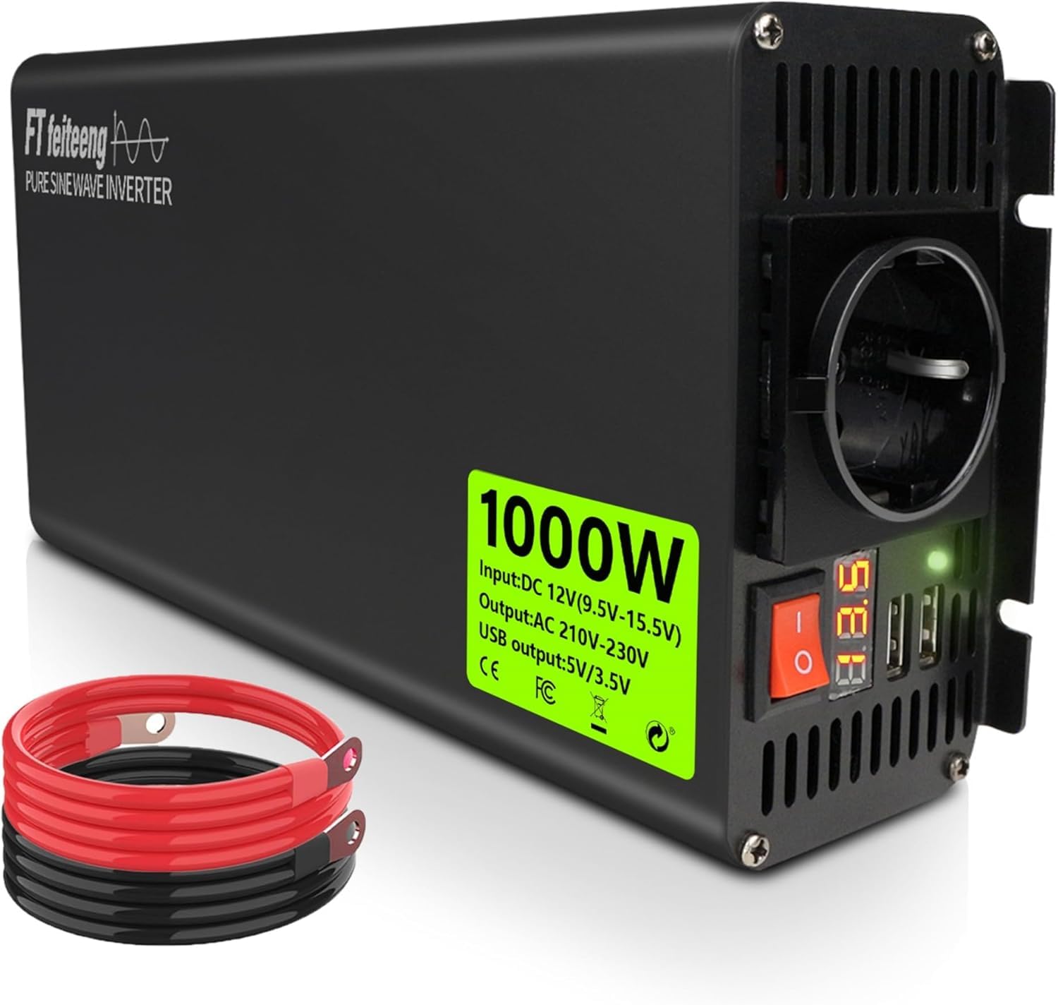 Inverter a onda sinusoidale pura, da 12 V CC a 220 V/230 V AC, display a LED, doppia porta USB 5 V/3,4 A, adatto per campeggio, camper, camion (1000 W)
