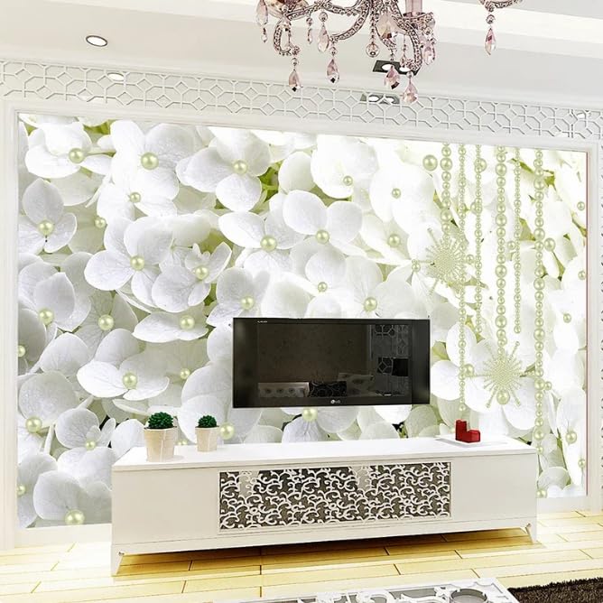 Papier Peint 3D Fleurs Blanches Agrandir Salon Sombre Décoration Murale - 2