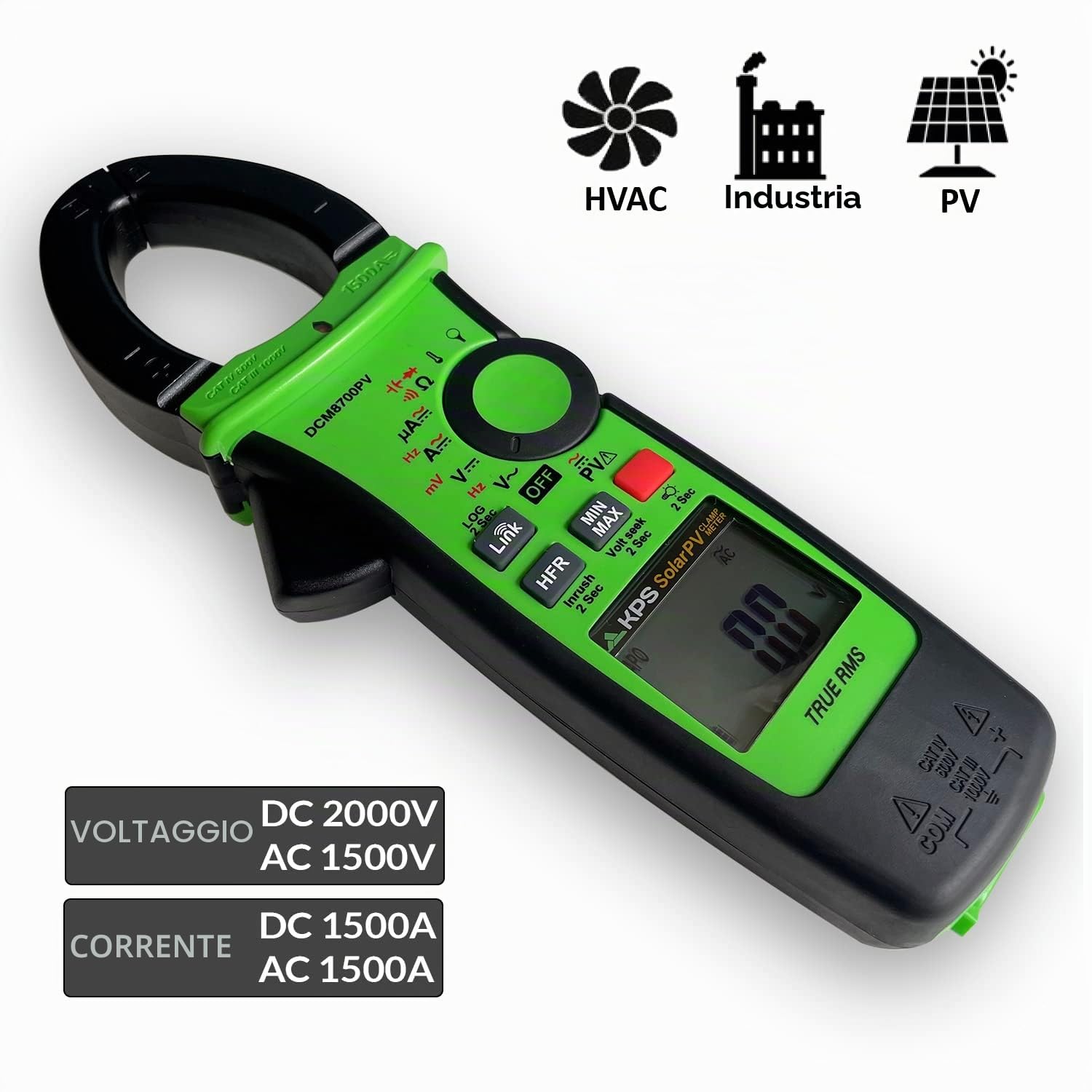 KPS-DCM8700PV Pinza Amperometrica TRMS per applicazioni Solari Tensione fino a 1500VAC/2000VDC Corrente AC/DC 1500A e 4000µA DC con Bluetooth
