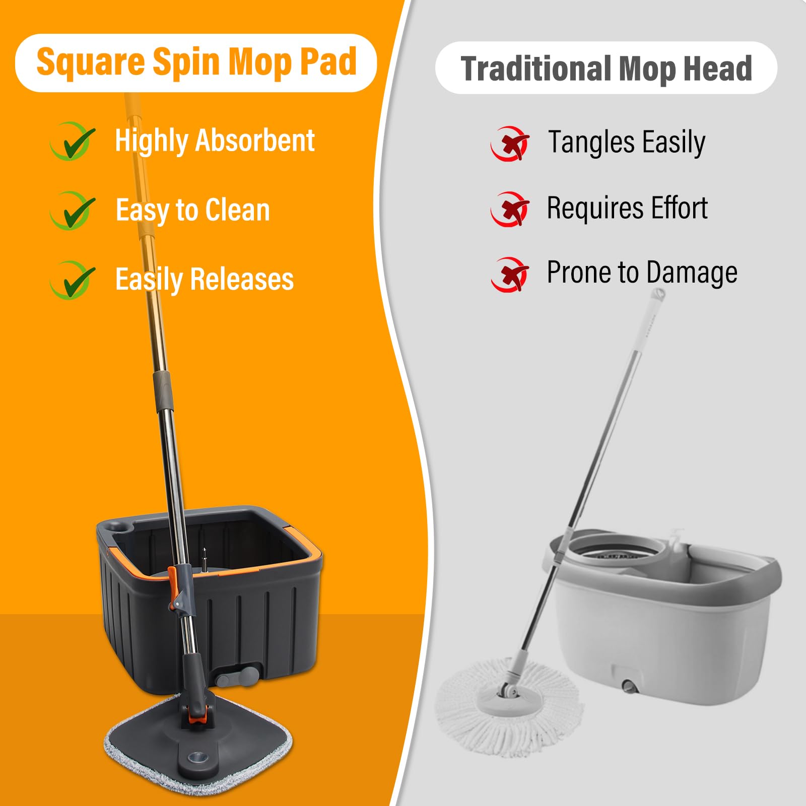 Juego de fregona cuadrada giratoria y cubo con escurridor con sistema de separación de agua sucia/limpia para limpieza del piso del hogar (3 almohadillas gruesas lavables a máquina) (negro)