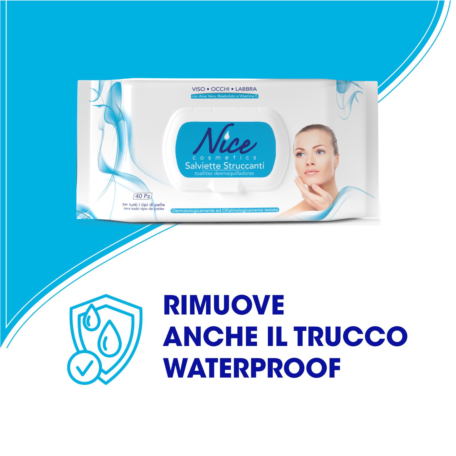 Nice Salviette Struccanti per Viso, Occhi e Labbra, con Aloe Vera, Bisabololo e Vitamina E, Dermatologicamente e Oftalmologicamente Testate, Confezione da 40 Salviette