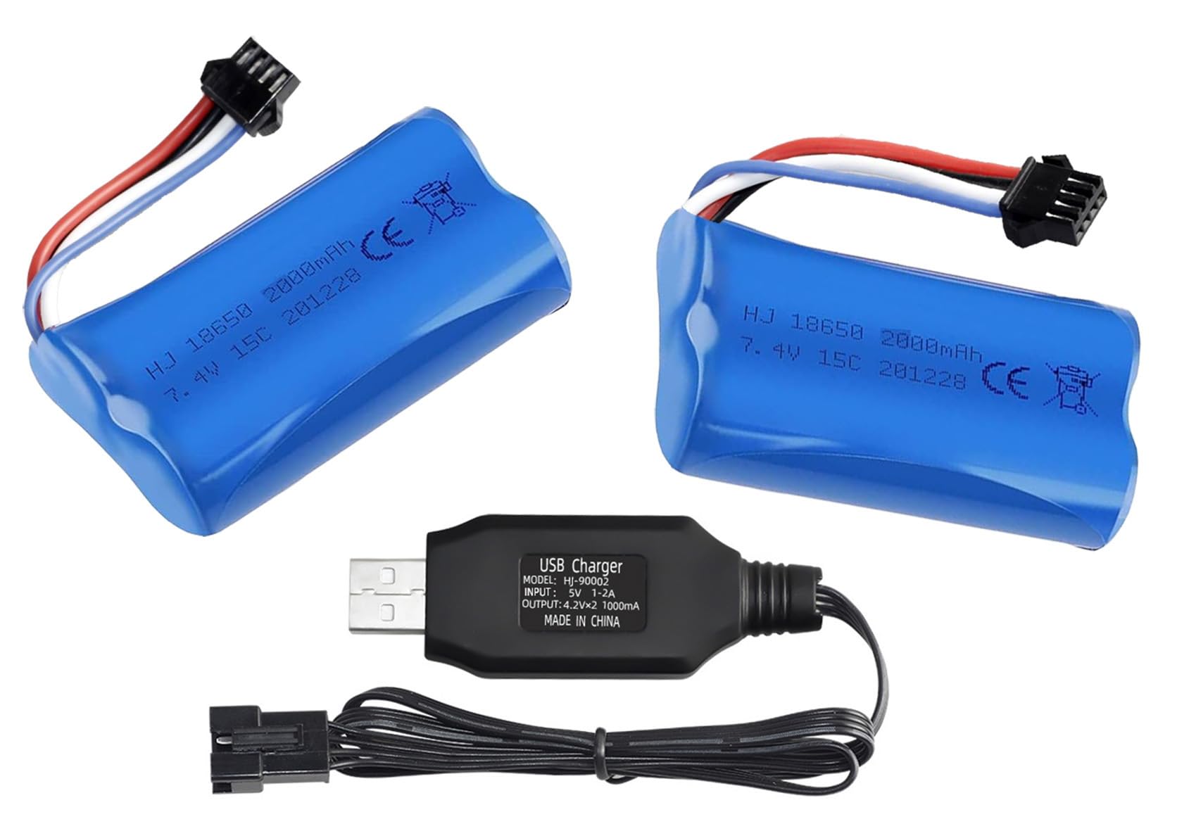 RoaringTop Batterie Lithium-ion Rechargeable 7,4 V 2000 MAh 2S Avec Fiche SM -4P, 2 Câbles De Charge USB, Pour Véhicules RC, Véhicules D'escalade RC Et Bateaux RC