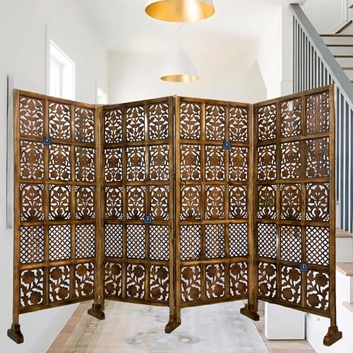 Image of Wooden Room Partition /Screen /Room Divider /Room Separator Burnt Wood Finish (Hand Buffing) Frame Traditional Handicrafts 6Ft Height (30 Inches Width 4 Panel)