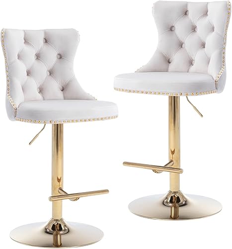ayoodfo Juego de 2 taburetes de bar giratorios altura de mostrador ajustable con base dorada y reposapiés moderno taburete de cocina tapizado sin