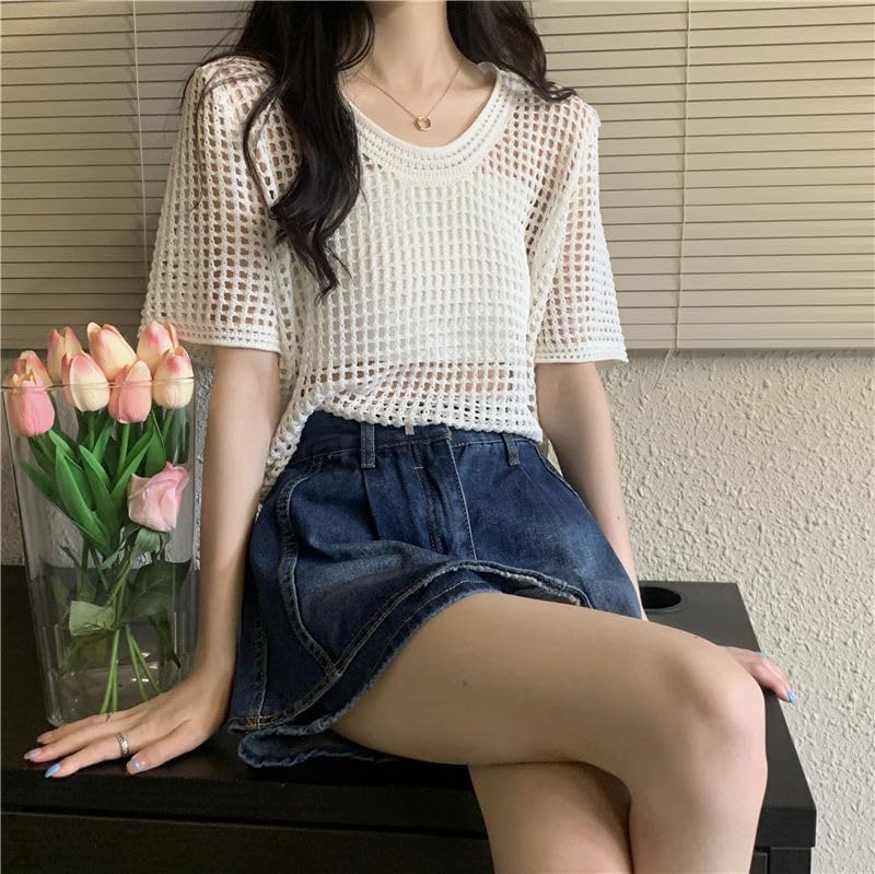Image of Mettclasi Women's Short Sleeve Crochet Hollow Out Top, Casual Sexy Knit Pullover Top Beach Coverup - One Size Small /Medium White