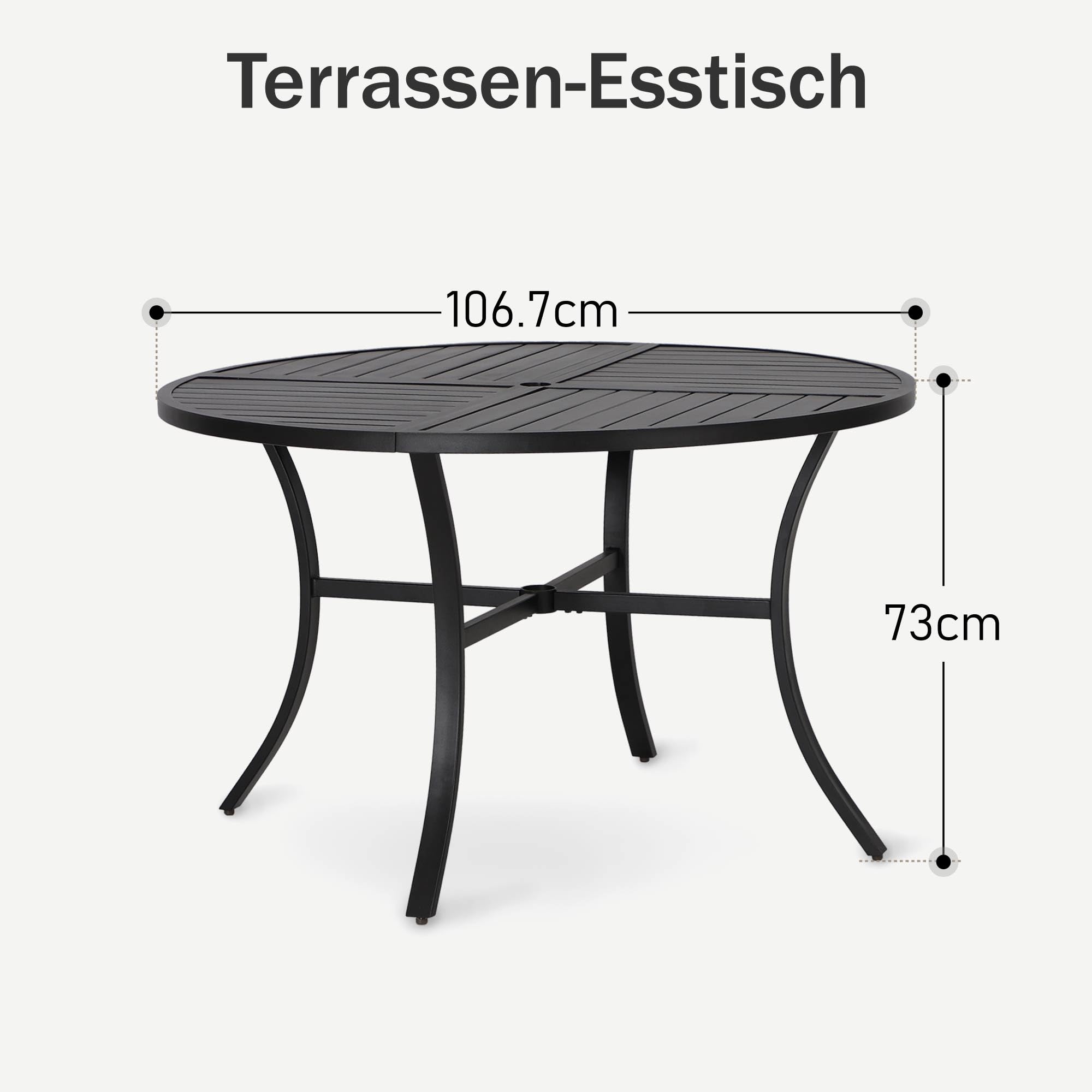 PHI VILLA Gartentisch Esstisch Balkontisch Wetterfest, 107cm Outdoor Rund Terrassentisch mit Schirmloch für 4, Schwarze Metall E-Beschichtung Garten Außen Tisch für Hinterhof Veranda Terrasse