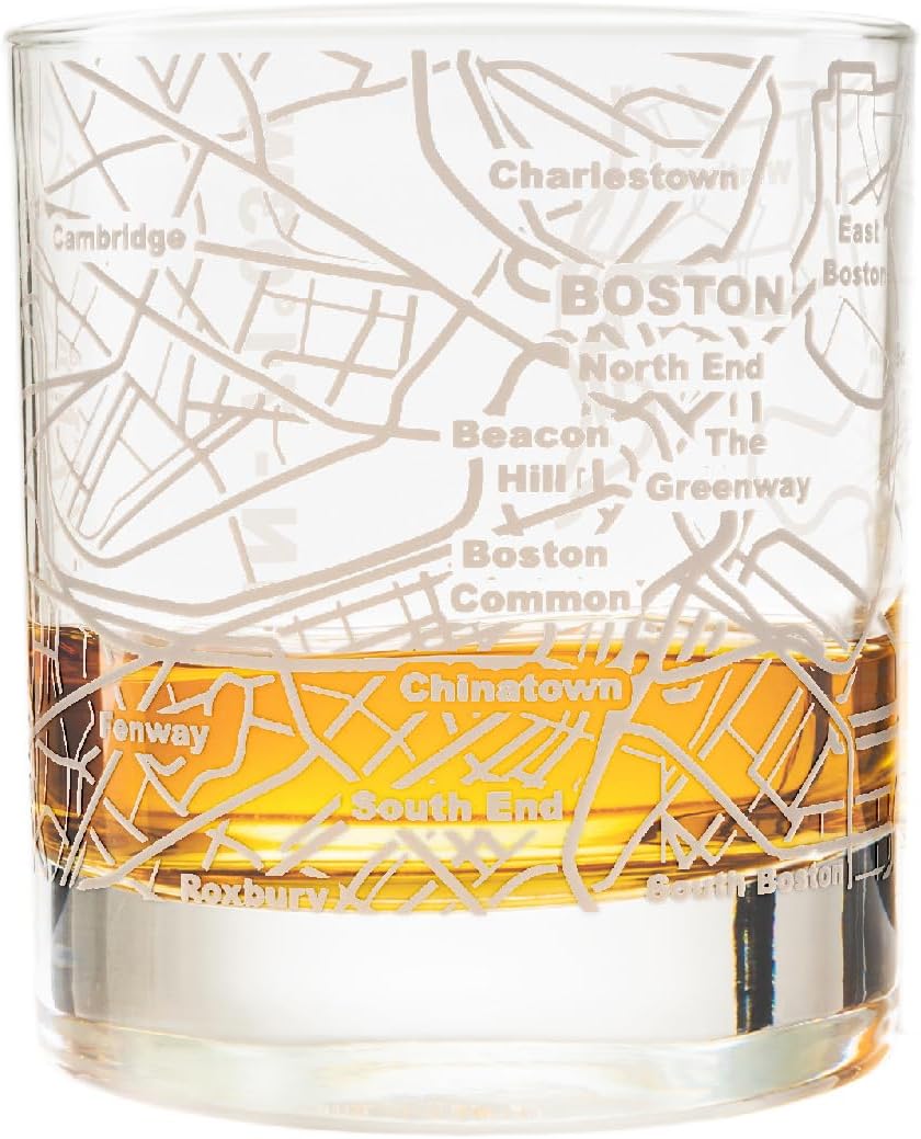 Greenline Goods Whiskey Glasses - 10 Oz Tumbler for Boston Lovers (Single Glass) - Etched with Boston Map - Old Fashioned Rocks Glass