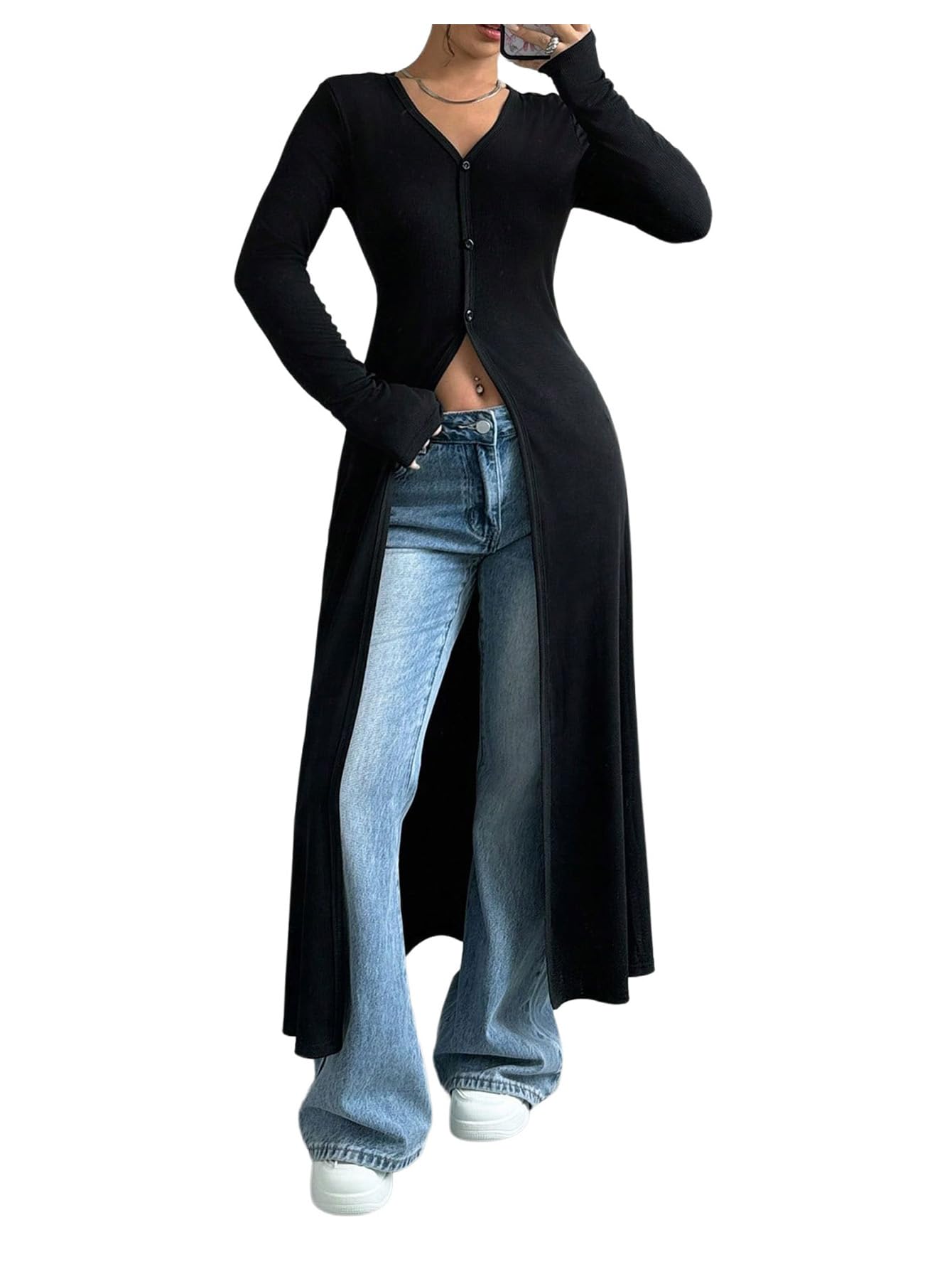 WDIRARA Womens Button Down Long Cardigan V Neck Slit Ribbed Knit Sweater Casual Going Out Tops