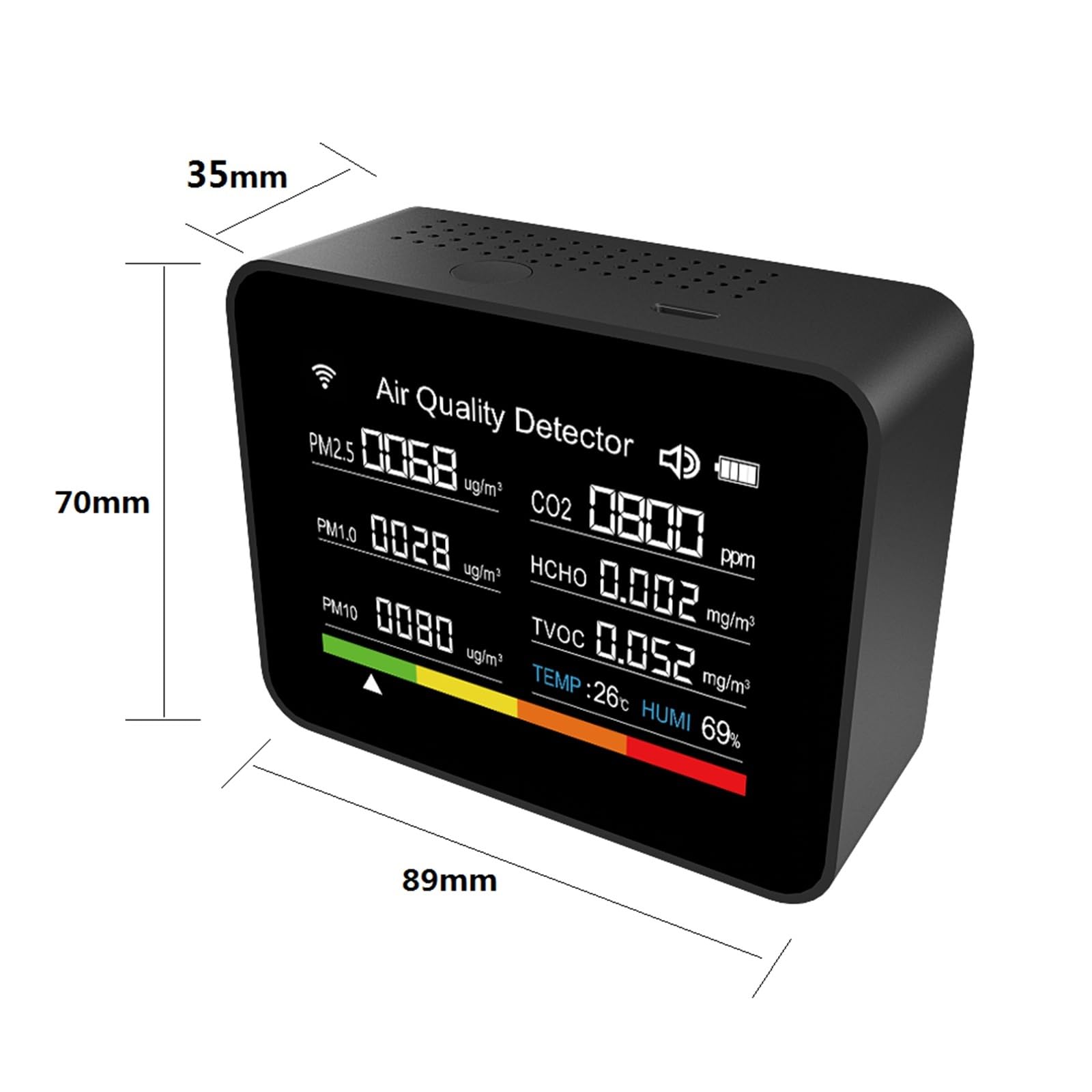 Detector de Gases, WiFi 13in1 Air Quality Tester CO2/TVOC/HCHO/PM2.5/PM1.0/PM10/Temperature/Time/Date/Alarm/Timer/Stopwatch CO2 Meter Tool,para el hogar(Black)