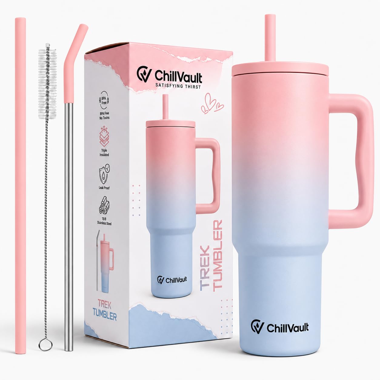 REFULGIX ChillVault 1200ML Stainless Steel Tumbler | Double Insulated with Handle & 2 Straws | Leak-Proof Hot & Cold Sipper for Coffee, Travel & Home (Bubblegum Frost)