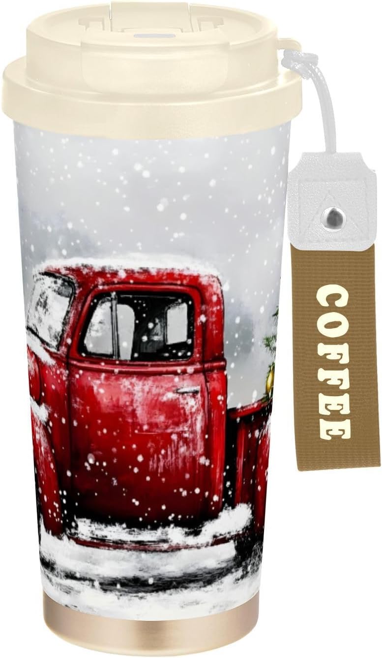 Truck Christmas Tree Insulated Coffee Mug with Straw & Flip Lid, 16.9oz Iced Tumbler Cup, Double Wall Vacuum Leak-Proof Mug for Travel Office