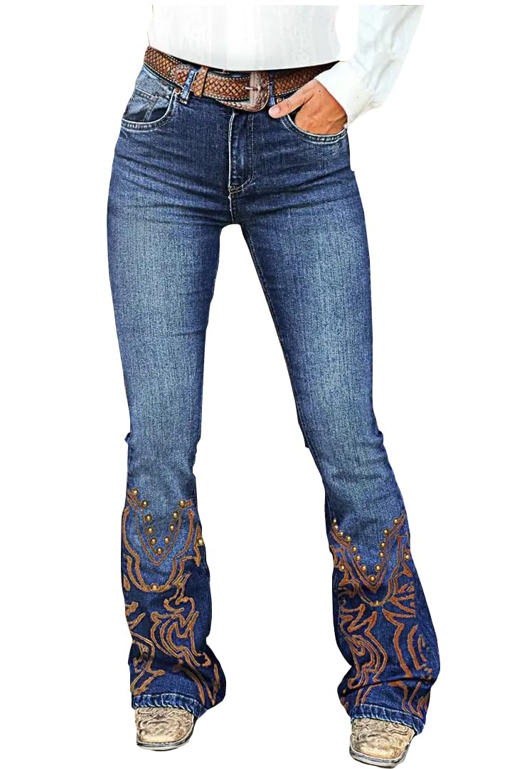 Women's Flared Bell Bottom Jeans with Embroidered Detailing, Denim Pants Trousers (Belt Not Included)