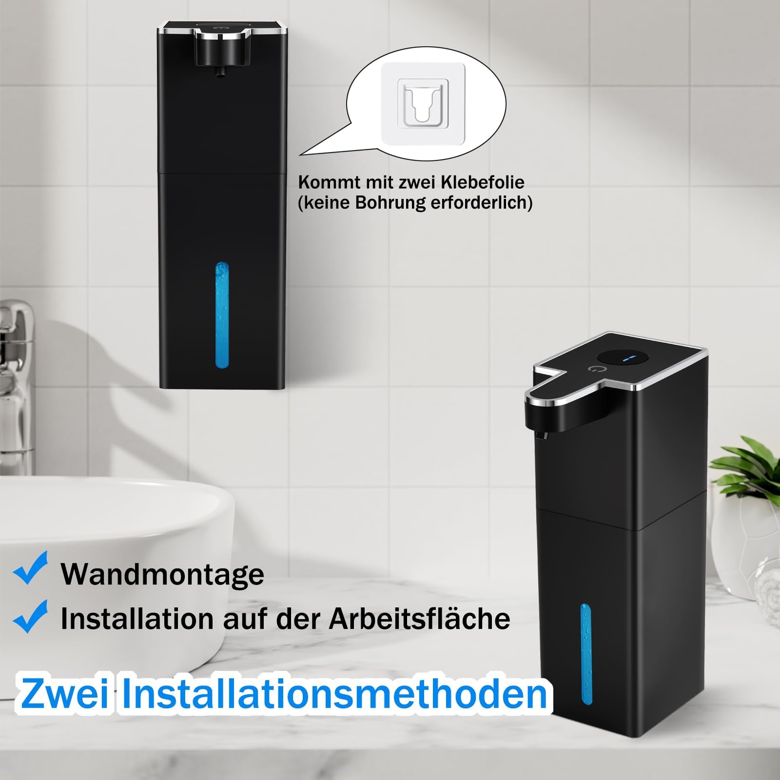 2 dispenser di sapone automatico, fissaggio a parete, senza contatto, 440 ml, 4 livelli regolabili con sensore, ricaricabile USB, 1800 mAh, per cucina, bagno, scuola, hotel (nero)