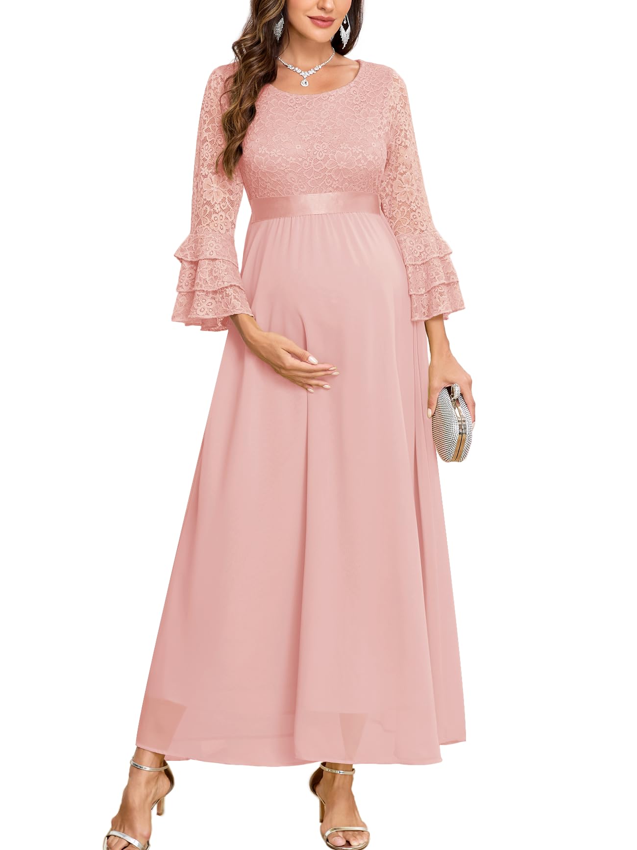CYCLAMEN Floral Lace Maternity Maxi Dress Ruffle Bell Sleeves Crew Neck Elegant Chiffon Evening Gown Baby Shower Wedding