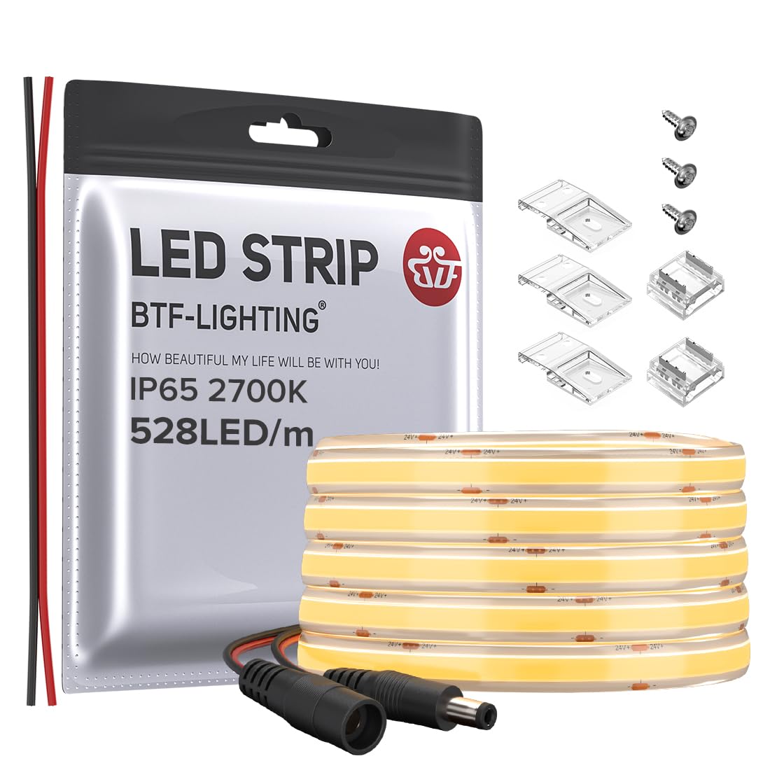 BTF-LIGHTING FCOB Bande LED COB IP65 Flexible Haute Densité Uniforme Lumière 14W/m 16.4FT DC24V Blanc Chaud 2700K 528LED/m CRI 90+ 10mm Largeur Dimmable Ruban LED pour Décoration (pas d'adaptateur ni