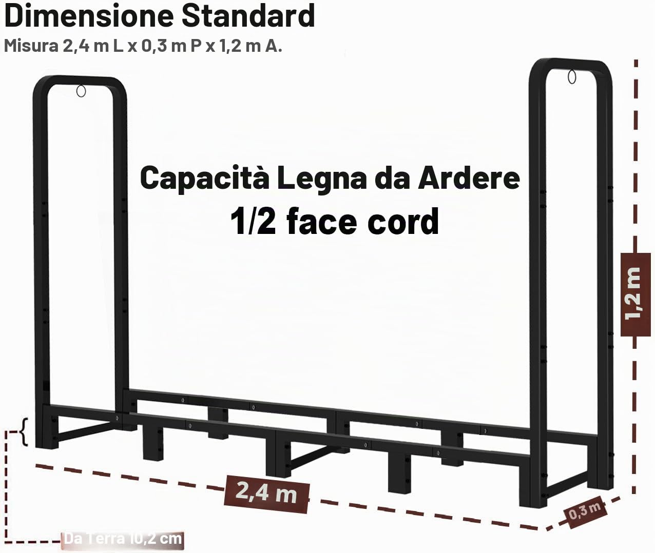 Portalegna da ardere per esterni, 2,4 m, resistente, per camini interni, in metallo e legno, nero opaco