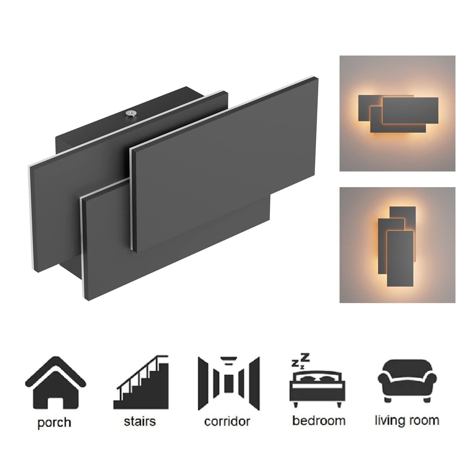 Klighten 2 Pack LED Wandleuchten Innen 24W Mordern Wandlampe LED Wandbeleuchtung für Wohnzimmer Schlafzimmer Treppenhaus Korridor Flur Warmweiß 3000K, Dunkelgrau