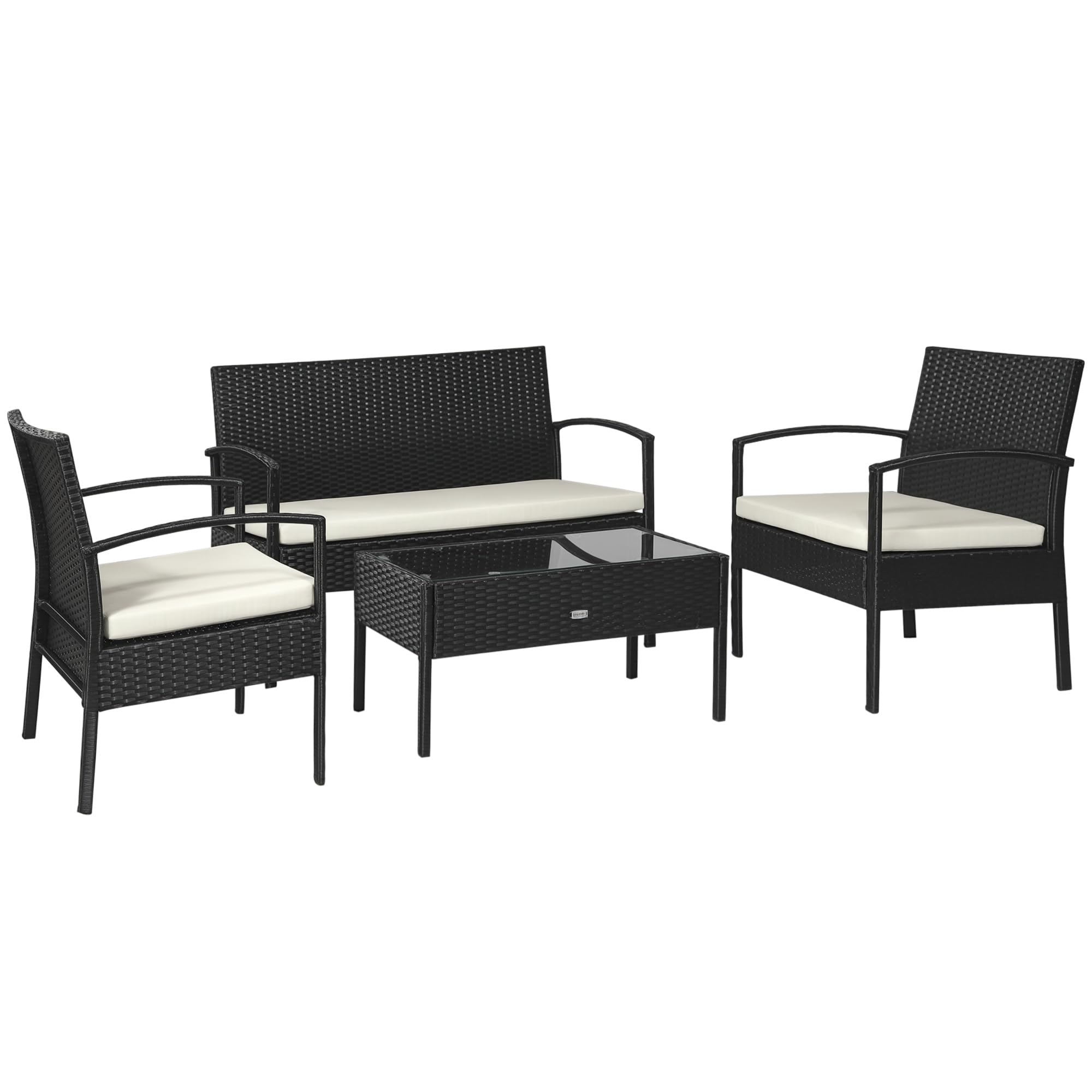 Outsunny Set da Giardino 4 Pezzi in Rattan PE, Salotto da Giardino con Tavolino da Giardino 75x40x38 cm, 2 Poltroncine 57x60x77 cm e Divano 2 posti 108x60x77 cm, Nero e Crema